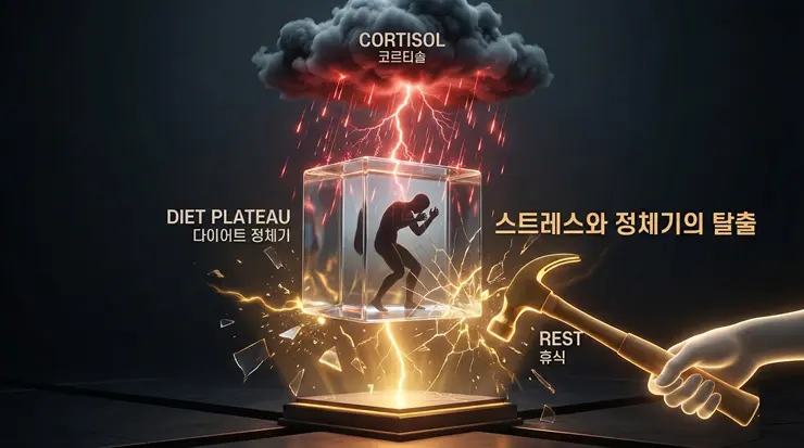 다이어트 정체기의 주범인 코르티솔 스트레스를 극복하고 체중 정체를 해결하는 과정을 형상화한 이미지