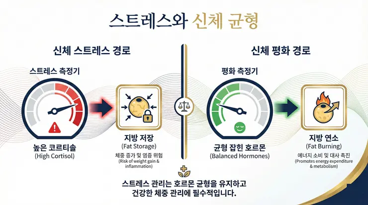 스트레스 호르몬 수치에 따른 지방 연소와 축적의 메커니즘을 설명하며 다이어트 정체기 해법을 제시하는 인포그래픽 이미지