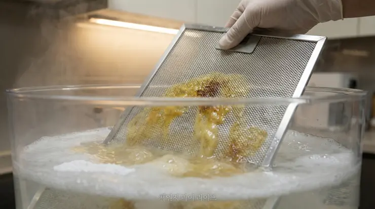 주방 후드 기름때 제거 루틴: "흡입력이 절반이라면?" 화재 예방을 위한 필터 세정법 주방 후드 기름때 제거를 위해 필터망의 고착된 기름 데이터를 화학적으로 해체하는 실사례 리포트 이미지