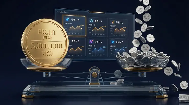 주식 매매 시 발생하는 주식 수수료와 세금의 비중을 수익과 비교 분석하는 3D 일러스트 이미지