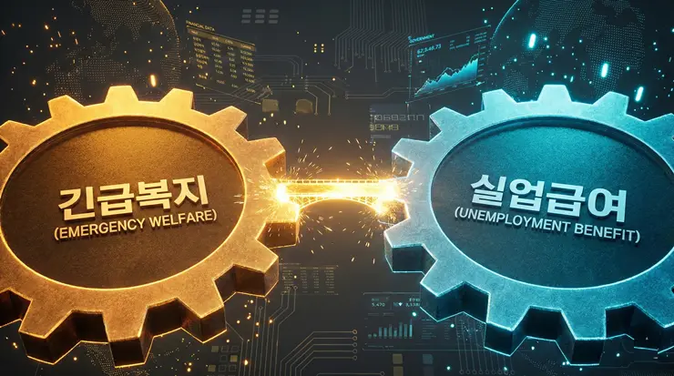 긴급복지 중복수급 및 실업급여 사이의 소득 공백 지원 타이밍을 상징하는 기어와 브릿지 시각화 이미지
