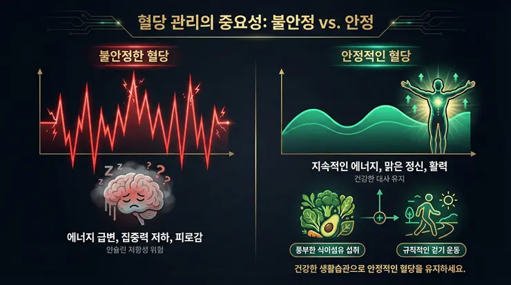 식후 혈당의 변동성이 신체 활력에 미치는 차이를 설명하고 혈당 스파이크 예방 습관을 시각화한 인포그래픽 이미지