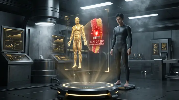 단순 체중 감량이 아닌 체지방 감소의 중요성을 시각화하여 다이어트 오류를 경고하는 이미지