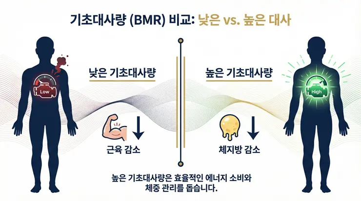 근손실이 기초대사량에 미치는 악영향과 성공적인 체지방 감소 메커니즘을 설명하는 인포그래픽 이미지