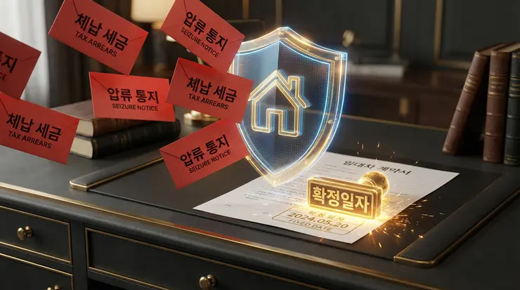 임대인 체납 세금 확인법: 내 보증금 지키는 3단계 우선순위 사수 전략 (2026) 임대인 체납 세금 리스크로부터 우선변제권을 통해 보증금을 안전하게 사수하는 과정을 상징하는 이미지