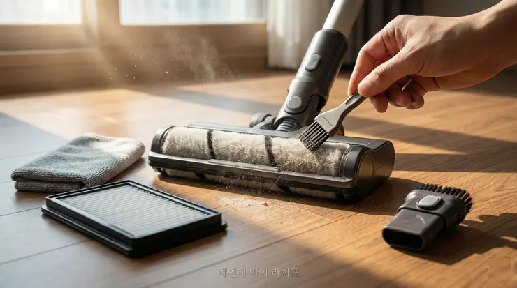 무선 청소기 헤드 청소 루틴: "흡입력이 예전 같지 않다면?" 필터 살균 관리 가이드 선 청소기 헤드 청소를 위해 브러시 롤러를 분해하고 정밀 세정을 진행하는 실사례 리포트 이미지