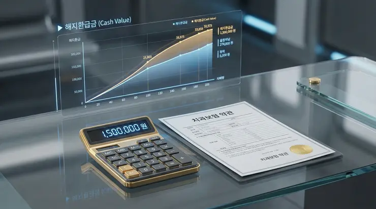 치아보험 해지 전 환급금 계산 공식: 면책기간 손해 안 보는 법 (2026) 치아보험 해지 전 환급금 계산 과정을 시각화한 전문 금융 리스크 관리 이미지