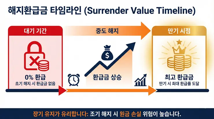 치아보험 해지 전 환급금 계산 공식: 면책기간 손해 안 보는 법 (2026) 치아보험 해지 시점별 예상 환급금 계산 비율과 면책기간 주의사항을 담은 인포그래픽