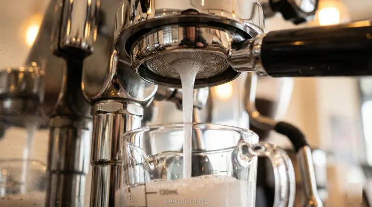 커피머신 데스케일링을 위해 전용 세정액을 가동하여 내부 석회를 분해하는 리포트 이미지