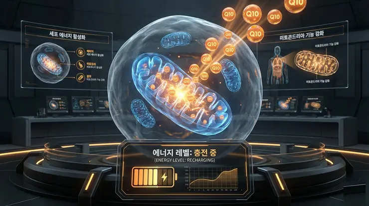 코엔자임Q10 성분이 세포 내 미토콘드리아로 진입하여 에너지 대사를 활성화하는 과정을 시각화한 이미지