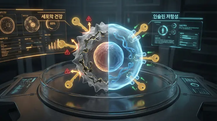 지방 종류에 따른 세포막 유동성 변화가 인슐린 감수성과 혈당 반응에 미치는 영향을 시각화한 이미지