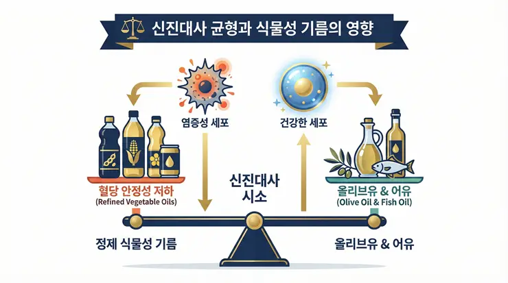 인슐린 저항성을 개선하는 건강한 지방 종류와 혈당 반응 안정화 메커니즘 인포그래픽 이미지