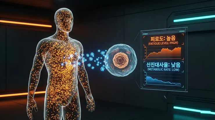 만성 염증이 세포의 에너지 생성을 방해하여 피로를 유발하고 신진대사를 저하시키는 과정을 시각화한 이미지
