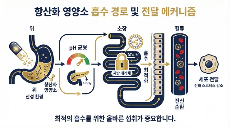 항산화제의 생체 이용률을 결정짓는 소화 및 대사 경로를 설명하는 인포그래픽 이미지