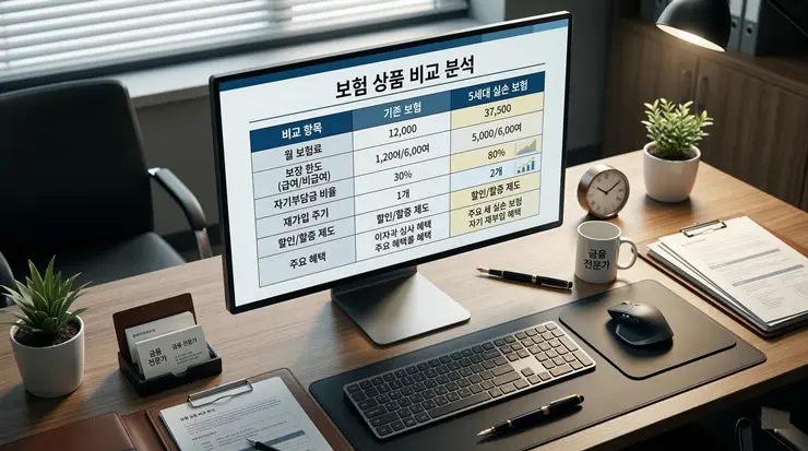 5세대 실손보험 전환 혜택과 보험료 절감 데이터, 지금 갈아타야 할까? 기존 세대 보험과 5세대 실손보험 간의 보험료 지출 데이터를 정밀하게 대조 분석하는 모습