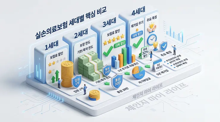 5세대 실손보험 전환 혜택과 보험료 절감 데이터, 지금 갈아타야 할까? 5세대 실손보험의 주요 특징과 세대별 차이점을 요약한 체인지 마이 라이프 인포그래픽 리포트