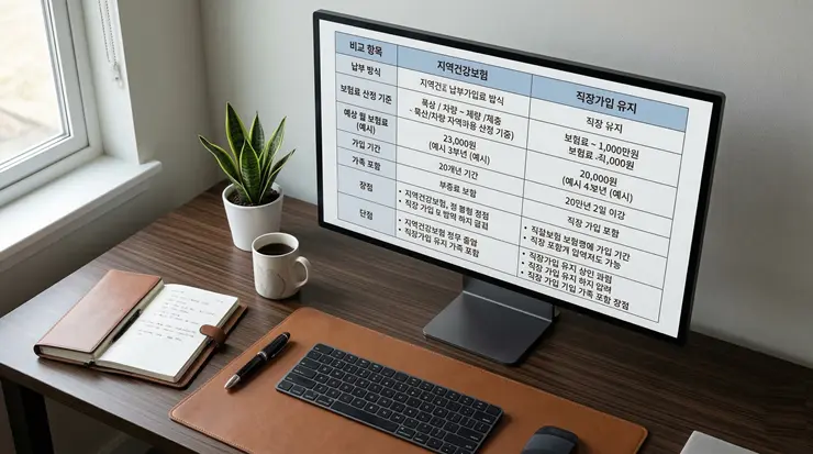 퇴직 후 건강보험료 50% 줄이는 마법, '임의계속가입' 신청 기한 놓치지 마세요 지역 가입자와 임의계속가입 간의 건강보험료 차이 데이터를 대조 분석하는 모습