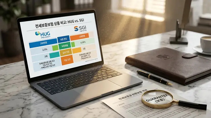 전세 보증 반환 보증 HUG와 SGI 전격 비교, 내 보증금 지키는 법적 필살기 전세 보증 가입 조건과 각 기관별 데이터를 정밀 돋보기로 분석하는 전문가의 책상 모습