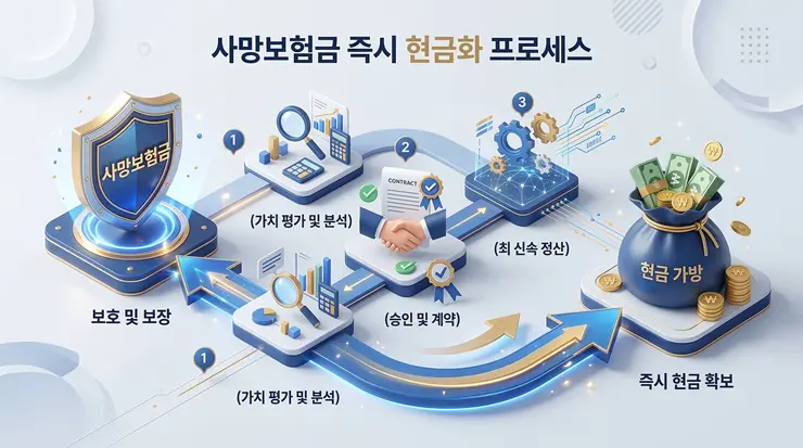 사망보험금 유동화 신청 절차와 수수료 구조를 요약한 체인지 마이 라이프 인포그래픽 리포트