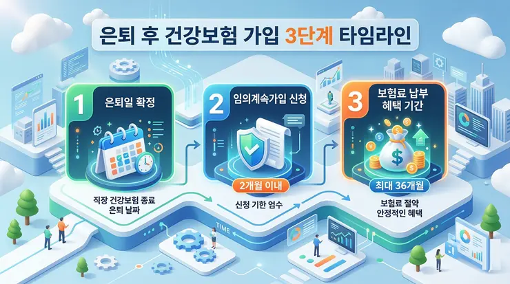 퇴직 후 건강보험료 50% 줄이는 마법, '임의계속가입' 신청 기한 놓치지 마세요 건강보험료 절감을 위한 임의계속가입 신청 절차 요약 인포그래픽