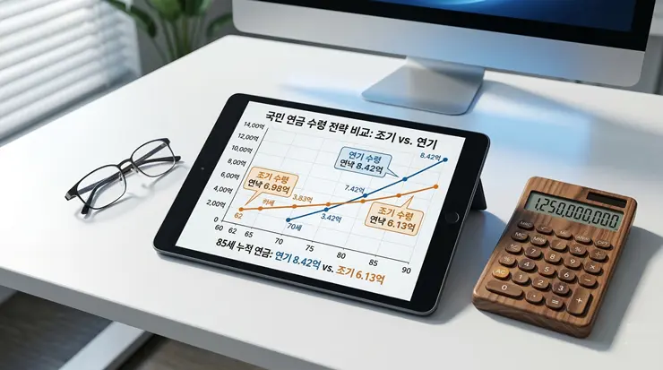국민연금 조기수령 vs 연기연금 손익 비교, 2026년 수령액 데이터 분석 국민연금 조기수령 시 감액되는 금액과 연기 시 증액되는 수령액 데이터를 정밀 시뮬레이션하는 모습