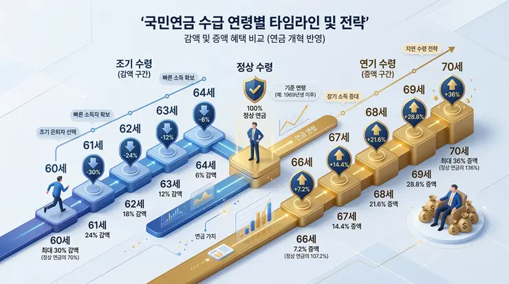 국민연금 조기수령 vs 연기연금 손익 비교, 2026년 수령액 데이터 분석 국민연금 조기수령 연령별 감액률과 연기연금 증액률 지표를 요약한 체인지 마이 라이프 인포그래픽 리포트
