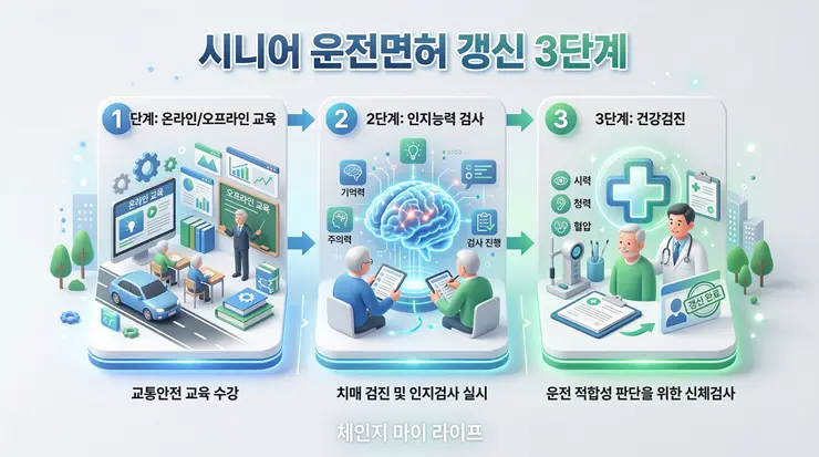 75세 이상 어르신들을 위한 면허 갱신 검사 절차를 한눈에 요약한 인포그래픽 리포트