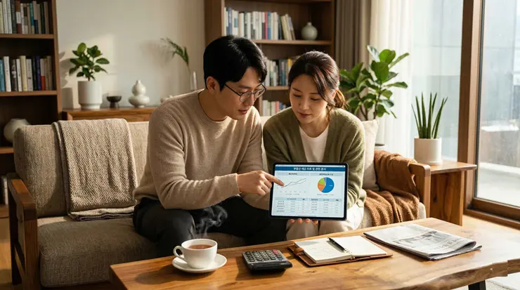 부부 공동명의 아파트 계약을 위해 종부세와 취득세를 비교하는 모습