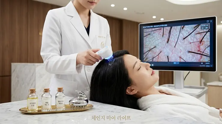 고급 스파에서 정밀한 두피 진단과 안티에이징 관리를 받는 사실적인 모습의 체인지 마이 라이프 건강 리포트