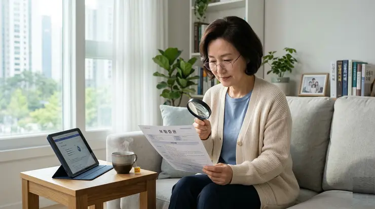 보험 고지 의무를 정확히 이행하기 위해 보험 약관과 과거 병력을 꼼꼼히 대조하는 모습