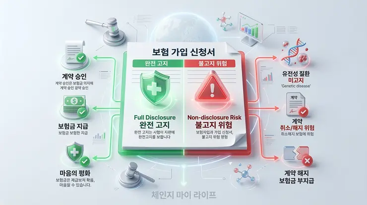 보험 고지 위반 시 발생하는 계약 해지와 법적 리스크 흐름을 요약한 인포그래픽 리포트