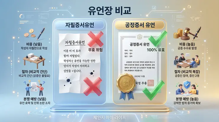 자필 유언과 공증의 차이를 비교한 유언장 효력 요약 인포그래픽 리포트