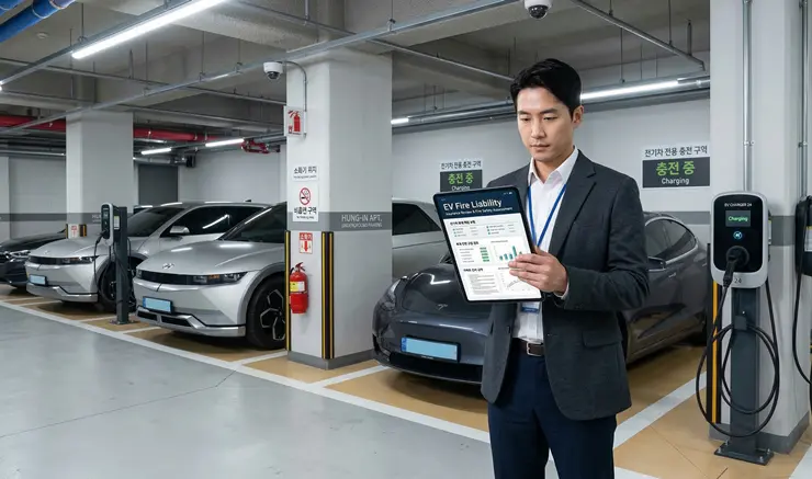 전기차 화재 배상, 아파트 지하 주차장 사고 시 차주 책임은? 법적 리스크 분석 전기차 화재 배상 리스크를 분석하기 위한 주차장 안전 점검 모습