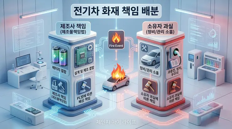 전기차 화재 배상, 아파트 지하 주차장 사고 시 차주 책임은? 법적 리스크 분석 전기차 제조사와 차주 간의 전기차 화재 배상 책임 소재를 한눈에 요약한 인포그래픽 리포트