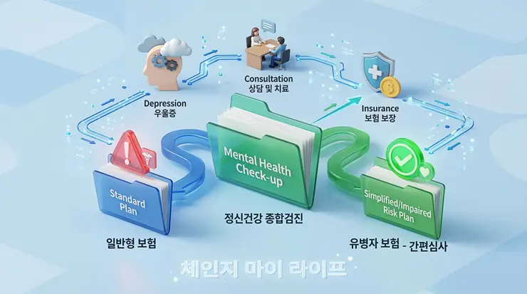 F코드 정신과 기록 보유 시 일반 보험과 유병자 보험의 가입 경로를 요약한 인포그래픽 리포트