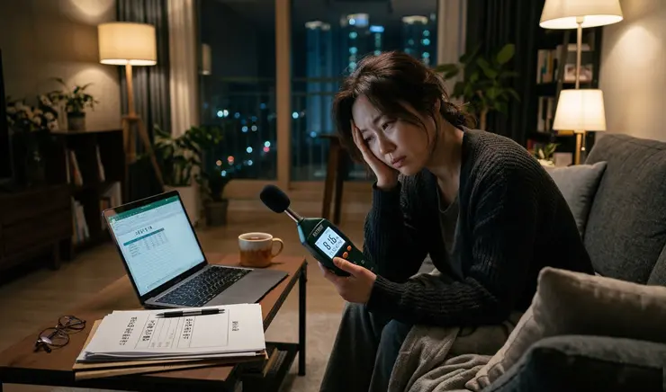 층간소음 보상, 법적 승소 비결은? 반드시 챙겨야 할 데시벨(dB) 증거 확보법 층간소음 보상을 받기 위해 늦은 밤 전문 측정기로 소음 수치를 기록하며 증거를 수집하는 현실적인 모습