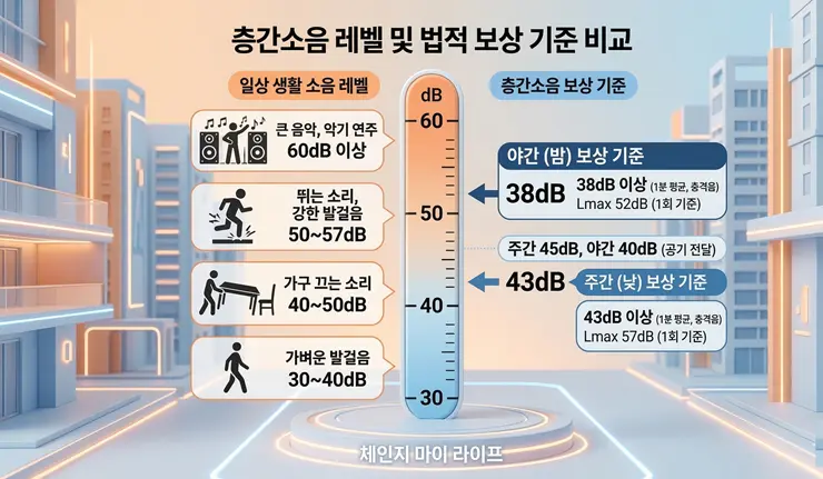 층간소음 보상, 법적 승소 비결은? 반드시 챙겨야 할 데시벨(dB) 증거 확보법 법적 층간소음 보상 승인 여부를 결정짓는 주간 및 야간 데시벨 기준 데이터를 시각화한 요약 인포그래픽 리포트