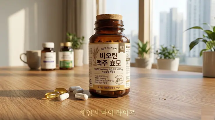 비오틴과 맥주효모 등 탈모 영양제 알약과 성분표를 사실적으로 분석하는 체인지 마이 라이프 건강 리포트